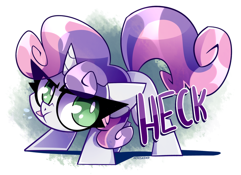 Size: 2121x1541 | Tagged: safe, artist:nekosnicker, derpibooru import, sweetie belle, pony, unicorn, :p, cute, diasweetes, heck, no pupils, pfft, pouting, solo, text, tongue out, vulgar