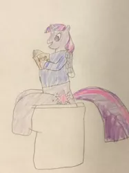 Size: 772x1034 | Tagged: safe, artist:snipiper, derpibooru import, twilight sparkle, twilight sparkle (alicorn), alicorn, pony, book, but why, diarrhea, fart, female, fetish, poop, pooping, scat, solo, toilet, traditional art