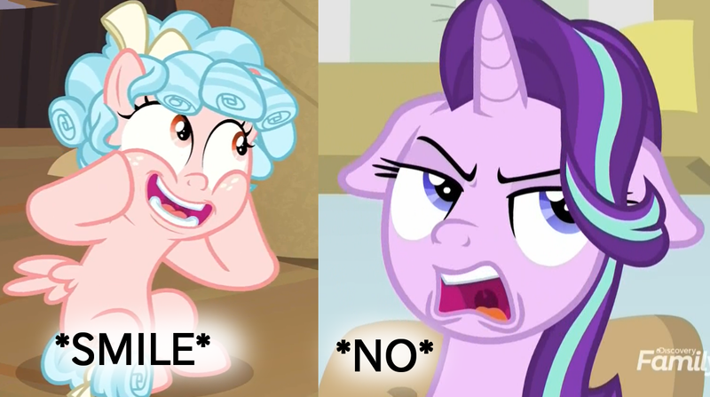 Size: 1200x670 | Tagged: episode needed, safe, derpibooru import, edit, edited screencap, screencap, cozy glow, starlight glimmer, pegasus, pony, unicorn, the summer sun setback, bow, cozy glow is best facemaker, cozybetes, cropped, cute, dialogue, discovery family logo, duo, duo female, female, filly, floppy ears, hair bow, mare, open mouth, smiling, spread wings, teeth, wings