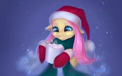 Size: 1354x841 | Tagged: safe, artist:kayav_art, derpibooru import, fluttershy, pegasus, pony, bipedal, chocolate, christmas, clothes, cute, female, floppy ears, food, grin, hat, holiday, hoof hold, hot chocolate, mare, marshmallow, mittens, santa hat, shyabetes, smiling, snow, snowfall, solo, steam, winter