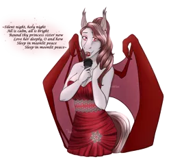 Size: 1635x1604 | Tagged: safe, artist:blackblood-queen, derpibooru import, oc, oc:scarlet quill, unofficial characters only, anthro, bat pony, anthro oc, bat pony oc, bat wings, beautiful, big breasts, breasts, christmas, christmas song, cleavage, clothes, commission, digital art, dress, ear piercing, earring, eyeshadow, female, hearth's warming eve, holiday, jewelry, lipstick, makeup, mare, microphone, necklace, piercing, signature, silent night, simple background, singing, slit eyes, smiling, solo, transparent background, wings
