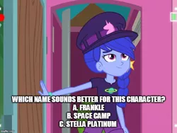 Size: 666x500 | Tagged: safe, derpibooru import, edit, edited screencap, screencap, space camp (character), equestria girls, equestria girls series, five lines you need to stand in, spoiler:eqg series (season 2), caption, female, hat, image macro, text