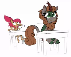 Size: 1066x851 | Tagged: safe, artist:lockheart, derpibooru import, oc, oc:firewood, oc:rainier, unofficial characters only, kirin, pegasus, pony, chair, classroom, cute, exchange student, mouth hold, ocbetes, pencil, simple background, sitting, student, table, white background