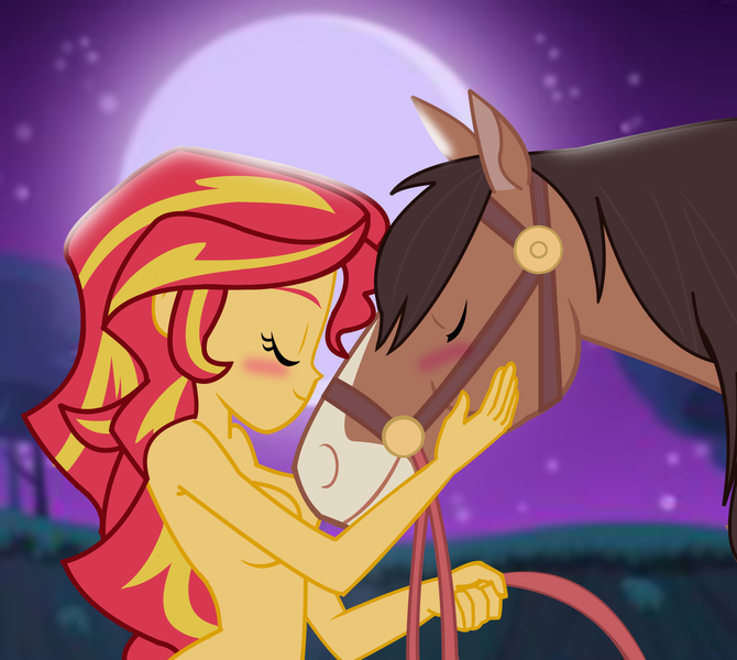 Size: 1800x1613 | Tagged: questionable, artist:succubi samus, derpibooru import, lonestar, sunset shimmer, horse, equestria girls, artistic nudity, blushing, breasts, cleavage, eyes closed, homesick shimmer, imminent bestiality, imminent sex, moon, night, nudity, reins, stars, strategically covered
