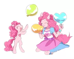 Size: 1500x1201 | Tagged: safe, artist:keep, derpibooru import, pinkie pie, earth pony, pony, equestria girls, balloon, blowing up balloons, cute, diapinkes, eyes closed, female, heart balloon, human ponidox, mare, missing cutie mark, open mouth, pixiv, ponied up, rearing, self ponidox, sitting