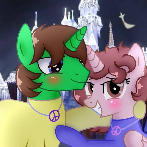 Size: 894x894 | Tagged: safe, artist:doraeartdreams-aspy, derpibooru import, oc, oc:aspen, oc:ryan, alicorn, pony, alicorn oc, bodysuit, castle, catsuit, couple, disneyland, female, hippie, horn, jewelry, latex, latex suit, magical, male, male and female, necklace, peace suit, peace symbol, rubber suit, ryspen, straight, wings