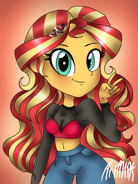 Size: 1536x2048 | Tagged: safe, artist:artmlpk, derpibooru import, sunset shimmer, equestria girls, blushing, bra, clothes, crop top bra, cute, fashion, hairpin, jeans, looking at you, pants, peace sign, shimmerbetes, smiling, solo, underwear