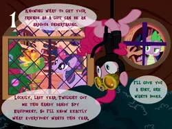 Size: 1024x768 | Tagged: safe, artist:bronybyexception, derpibooru import, pinkie pie, spike, twilight sparkle, dragon, earth pony, pony, unicorn, advent calendar, christmas, christmas tree, glowing horn, golden oaks library, holiday, horn, magic, pinkie spy, present, spy, telekinesis, tree, unicorn twilight