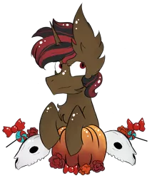 Size: 794x930 | Tagged: safe, artist:hunterthewastelander, derpibooru import, oc, oc:blank fandoms, unofficial characters only, pony, unicorn, candy, chest fluff, commission, ear fluff, flower, food, horn, impossibly large ears, male, pumpkin, simple background, skull, solo, stallion, transparent background, unicorn oc, ych result