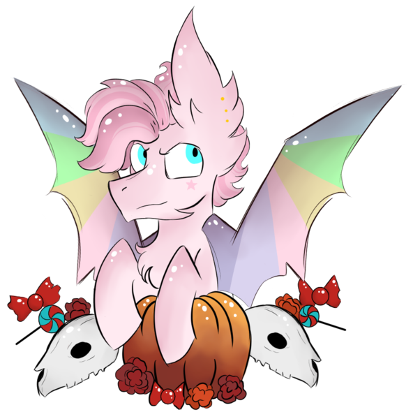 Size: 924x936 | Tagged: safe, artist:hunterthewastelander, derpibooru import, oc, unofficial characters only, bat pony, pony, bat pony oc, bat wings, candy, chest fluff, commission, ear fluff, flower, food, impossibly large ears, male, pumpkin, simple background, skull, solo, spread wings, stallion, transparent background, wings, ych result