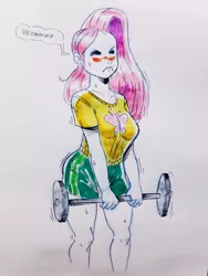 Size: 1536x2048 | Tagged: artist:raph13th, barbell, clothes, derpibooru import, fluttershy, gym uniform, human, humanized, lifting, marker drawing, safe, shorts, struggling, sweat, traditional art, weight lifting, weights, workout, workout outfit