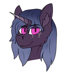 Size: 1878x2154 | Tagged: safe, derpibooru import, oc, oc:sisorsten, unofficial characters only, pony, unicorn, blue mane, bust, faded mane, gradient horn, magenta eyes, purple fur, solo