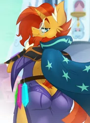 Size: 822x1122 | Tagged: suggestive, artist:lil miss jay, derpibooru import, sunburst, anthro, unicorn, full service playing cards, adorasexy, ass, back, beard, butt, buttcrack, cape, clothes, crossdressing, crystal empire, cute, eyebrows, facial hair, looking at you, looking back, male, older sunburst, outdoors, sexy, solo, solo male, stallion, stupid sexy sunburst, sunburst the bearded