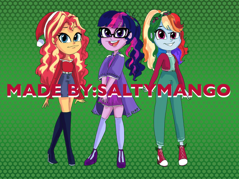 Size: 2000x1500 | Tagged: safe, alternate version, artist:saltymango, derpibooru import, rainbow dash, sci-twi, sunset shimmer, twilight sparkle, equestria girls, alternate clothes, alternate hairstyle, clothes, cute, obtrusive watermark, socks, trio, watermark