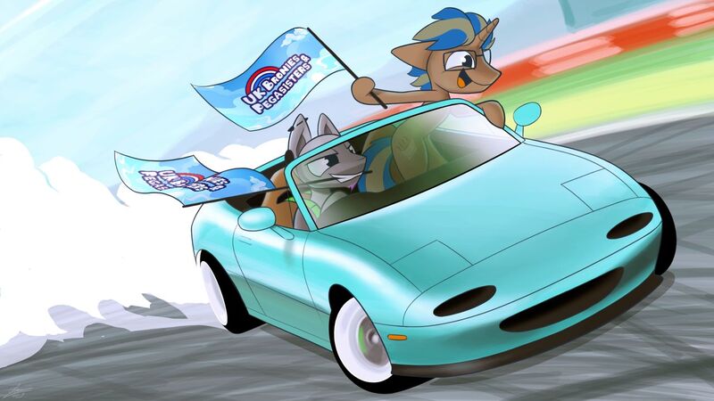 Size: 1280x720 | Tagged: safe, artist:dori-to, derpibooru import, oc, unofficial characters only, pony, unicorn, car, flag, male, mazda, mazda mx5, race, stallion