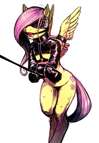 Size: 733x1060 | Tagged: artist:verrrrry, ballgag, bdsm, blindfold, bondage, bondage mitts, bottomless, bound wings, bound wrists, breasts, clothes, collar, delicious flat chest, derpibooru import, edit, female, femsub, fluttershy, gag, harness, latex, mare, nudity, partial nudity, pegasus, semi-anthro, sensory deprivation, slave, solo, solo female, submissive, suggestive, tack, wings