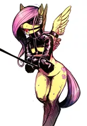 Size: 733x1060 | Tagged: artist:verrrrry, ballgag, bdsm, blindfold, bondage, bondage mitts, bottomless, bound wings, bound wrists, breasts, clothes, collar, delicious flat chest, derpibooru import, edit, female, femsub, fluttershy, gag, harness, latex, mare, nudity, partial nudity, pegasus, semi-anthro, sensory deprivation, slave, solo, solo female, submissive, suggestive, tack, wings