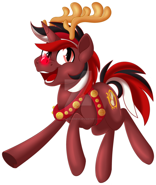 Size: 1600x1895 | Tagged: safe, artist:missmele-madness, derpibooru import, oc, oc:pyre, pony, unicorn, antlers, deviantart watermark, male, obtrusive watermark, red nose, reindeer antlers, simple background, solo, stallion, transparent background, watermark