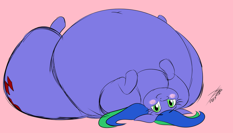 Size: 1550x889 | Tagged: suggestive, artist:thespacepon3, colorist:threeareess, derpibooru import, oc, oc:felicity stars, unofficial characters only, pegasus, pony, belly, belly button, big belly, blushing, chubby cheeks, fat, female, huge belly, impossibly large belly, morbidly obese, obese, signature, simple background, solo, solo female, upside down