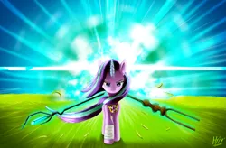 Size: 1807x1186 | Tagged: safe, artist:jphyperx, derpibooru import, starlight glimmer, pony, unicorn, the cutie map, amulet, bandage, cool guys don't look at explosions, explosion, glowing horn, horn, jewelry, magic, solo, staff, staff of sacanas, staff of sameness