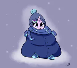 Size: 1791x1578 | Tagged: safe, artist:taurson, derpibooru import, starlight glimmer, pony, unicorn, clothes, coat, cute, female, glimmerbetes, hat, holiday, oversized clothes, scarf, snow, solo, winter, winter outfit