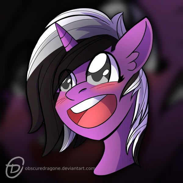 Size: 1024x1024 | Tagged: safe, artist:obscuredragone, derpibooru import, oc, oc:silver smoke, pony, unicorn, big eyes, black and white mane, blushing, commission, freckles, gray eyes, happy, horn, long hair, open mouth, smiley face, smiling, solo, ych result