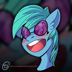 Size: 1024x1024 | Tagged: safe, artist:obscuredragone, derpibooru import, oc, pony, big eyes, blushing, commission, freckles, glasses, happy, not lyra, open mouth, smiley face, solo, sunglasses, ych result