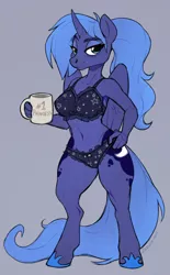 Size: 794x1280 | Tagged: suggestive, artist:zazush-una, derpibooru import, princess luna, alicorn, anthro, unguligrade anthro, armpits, both cutie marks, bra, breasts, clothes, female, folded wings, frilly underwear, hand on hip, hoof shoes, image, jpeg, looking at you, mug, panties, s1 luna, shoes, simple background, solo, solo female, starry underwear, underwear, wings