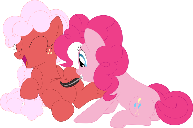 Size: 3578x2387 | Tagged: safe, artist:porygon2z, derpibooru import, pinkie pie, oc, oc:strawberry fluffcake, pony, feather, tickling