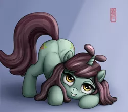 Size: 2500x2191 | Tagged: safe, artist:celsian, derpibooru import, sprout greenhoof, pony, unicorn, background pony, behaving like a cat, both cutie marks, cute, face down ass up, female, las pegasus resident, lidded eyes, mare, signature, smiling, solo