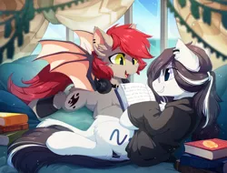 Size: 1280x973 | Tagged: safe, artist:hioshiru, derpibooru import, oc, oc:swaybat, unofficial characters only, bat pony, earth pony, pony, bed, book, quantum physics