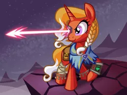 Size: 1034x773 | Tagged: safe, artist:cazra, derpibooru import, firebrand, cyborg, pony, unicorn, fallout equestria, tails of equestria, bag, eye beams, eye laser, mountain, pipbuck, saddle bag, solo, stable-tec colors, stars