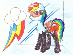 Size: 1032x774 | Tagged: safe, artist:zocidem, derpibooru import, rainbow dash, cyborg, pegasus, pony, augmented, crossover, cutie mark, cutie mark background, deus ex, drawing, presenting, simple background, solo, technology, traditional art