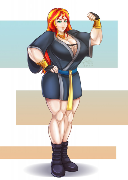 Size: 907x1280 | Tagged: artist:arinadler, boots, breasts, busty sunset shimmer, cleavage, clothes, derpibooru import, female, fingerless gloves, gloves, human, humanized, legs, muscles, shoes, solo, solo female, suggestive, sunset lifter, sunset shimmer