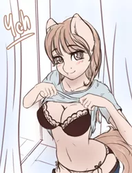 Size: 1104x1440 | Tagged: advertisement, anthro, artist:mintjuice, belly button, black underwear, blushing, bra, breasts, cleavage, clothes, commission, derpibooru import, dressing room, female, frilly underwear, looking at you, panties, side knot underwear, smiling, solo, suggestive, underwear, your character here