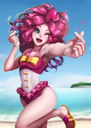 Size: 706x1000 | Tagged: safe, artist:the-park, derpibooru import, pinkie pie, human, equestria girls, adorasexy, armpits, attached skirt, beach, beach babe, bow swimsuit, clothes, cloud, cute, diapinkes, feet, female, finger heart, flip-flops, floating heart, frilled swimsuit, geode of sugar bombs, heart, human coloration, looking at you, magical geodes, ocean, one eye closed, one-piece swimsuit, open mouth, pink swimsuit, sandals, sexy, skirt, sky, smiling, solo, swimsuit, toes, tricolor swimsuit, wink