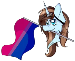 Size: 652x536 | Tagged: safe, artist:chazmazda, derpibooru import, oc, alicorn, earth pony, pegasus, pony, unicorn, bisexual, bisexual pride flag, bust, flag, goggles, portrait, pride, pride flag, solo