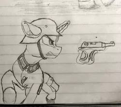 Size: 400x355 | Tagged: safe, artist:biergarten13, derpibooru import, pony, unicorn, german, gun, handgun, heer, lined paper, magic, officer, pistol, solo, telekinesis, traditional art, walther p38, weapon, world war ii