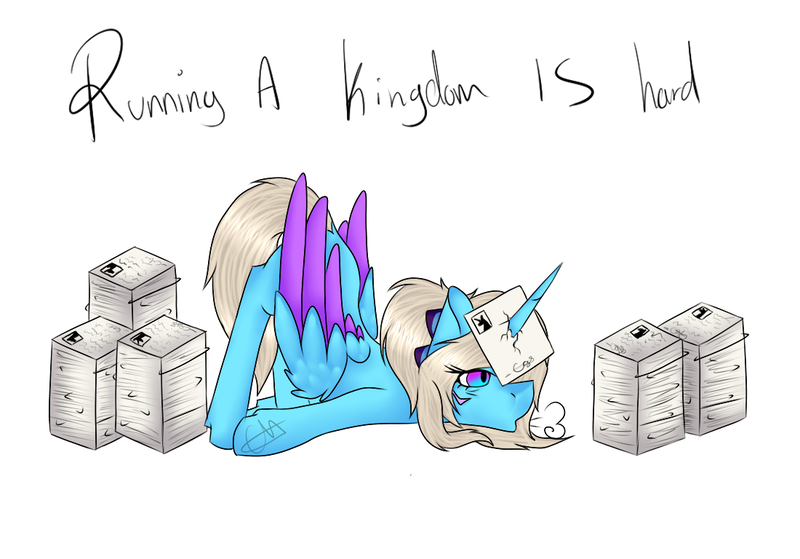 Size: 1100x768 | Tagged: safe, artist:chazmazda, derpibooru import, oc, oc:charlie gallaxy-starr, unofficial characters only, alicorn, pony, face down ass up, horn, horn impalement, paper, solo, stack, tired, wings