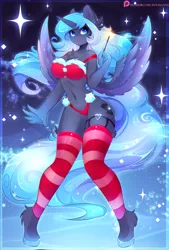 Size: 2060x3040 | Tagged: alicorn, anthro, artist:koveliana, breasts, busty princess luna, christmas, clothes, derpibooru import, digital art, female, holiday, leg warmers, mare, panties, patreon, patreon logo, princess luna, smiling, suggestive, underwear, unguligrade anthro