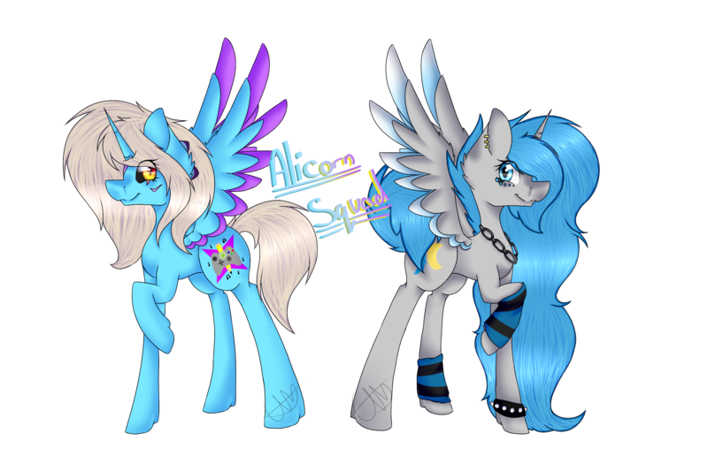 Size: 2295x1507 | Tagged: safe, artist:chazmazda, derpibooru import, oc, oc:charlie gallaxy-starr, oc:moonbeam, unofficial characters only, alicorn, pony, alicorn oc, bracelet, chains, collar, duo, ear piercing, horn, leg warmers, piercing, raised hoof, shade, simple background, spiked wristband, transparent background, wings, wristband