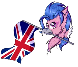 Size: 539x467 | Tagged: artist:chazmazda, bust, classical hippogriff, commission, derpibooru import, flag, hippogriff, mouth hold, oc, portrait, safe, shade, solo, union jack, unofficial characters only, your character here