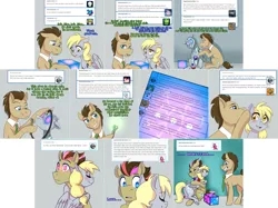 Size: 3006x2254 | Tagged: safe, artist:jitterbugjive, derpibooru import, derpy hooves, doctor whooves, time turner, oc, oc:neosurgeon, pony, robot, lovestruck derpy, cube, good end, hug