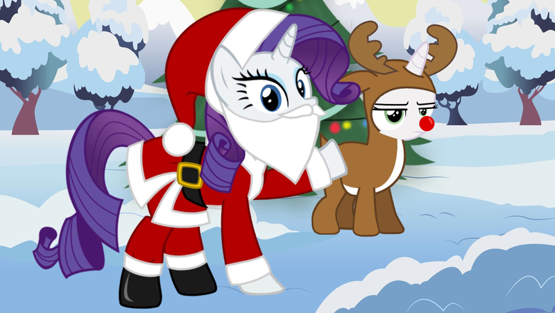 Size: 1600x901 | Tagged: artist needed, safe, derpibooru import, rarity, sweetie belle, deer, pony, reindeer, unicorn, forever filly, animal costume, antlers, christmas, christmas tree, clothes, costume, fake beard, female, filly, hat, holiday, looking at you, mare, red nose, reindeer costume, santa claus, santa costume, santa hat, siblings, sisters, snow, sweetie belle is not amused, tree, unamused, winter