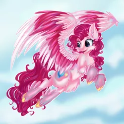 Size: 2000x2000 | Tagged: safe, artist:neobubbles, derpibooru import, pinkie pie, pegasus, pony, leak, spoiler:g5, colored wings, flying, g5, multicolored wings, pegasus pinkie pie, pinkie pie (g5), race swap, sky, solo, wings