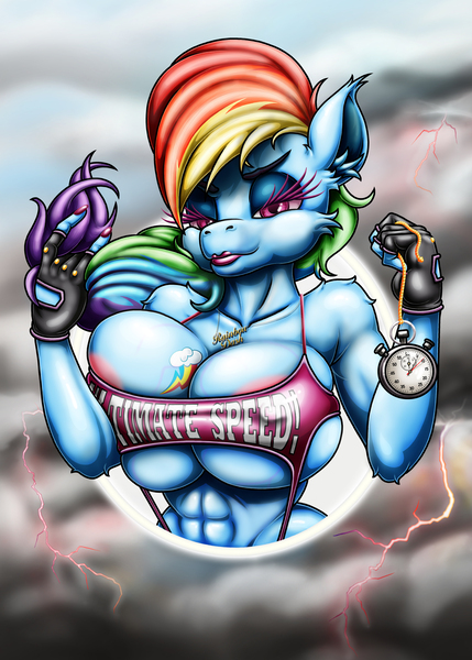 Size: 3465x4851 | Tagged: abs, alternative cutie mark placement, anthro, areola, areola slip, artist:happyanthro, bimbo, bimboification, boobie mark, breasts, busty rainbow dash, clothes, cloud, cutie mark on breast, derpibooru import, eyebrows, eyelashes, eyeliner, eyeshadow, female, fingerless gloves, fingernails, gloves, jewelry, lightning, lipstick, makeup, multicolored hair, necklace, nipple pinch, nipples, nudity, pocket watch, questionable, rainbow dash, rainbow hair, solo, solo female, stopwatch, veiny breasts, watch