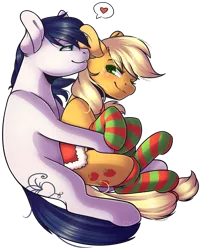 Size: 801x998 | Tagged: safe, artist:ak4neh, derpibooru import, applejack, oc, oc:constance everheart, earth pony, pony, canon x oc, clothes, couple, everjack, female, holiday, male, mare, saddle, shipping, simple background, socks, stallion, straight, striped socks, tack, transparent background