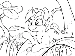 Size: 1646x1234 | Tagged: safe, artist:tsitra360, derpibooru import, oc, oc:der, oc:tinisparkler, unofficial characters only, gryphon, pony, unicorn, dew, duo, flower, leaves, micro, monochrome, nano, plant, sketch, water drops