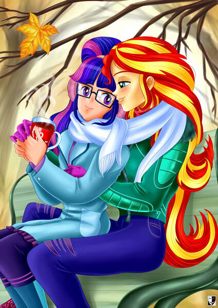 Size: 1000x1414 | Tagged: safe, artist:lord--opal, derpibooru import, sci-twi, sunset shimmer, twilight sparkle, equestria girls, equestria girls series, holidays unwrapped, spoiler:eqg series (season 2), bench, clothes, female, human coloration, leaf, lesbian, scitwishimmer, shipping, sunsetsparkle, tree, winter outfit
