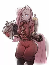 Size: 1200x1600 | Tagged: alternate version, anthro, artist:noupie, axe, axtinguisher, clothes, crossover, derpibooru import, female, gloves, pinkamena diane pie, pinkie pie, pinkie pyro, pyro, safe, simple background, solo, team fortress 2, weapon, white background